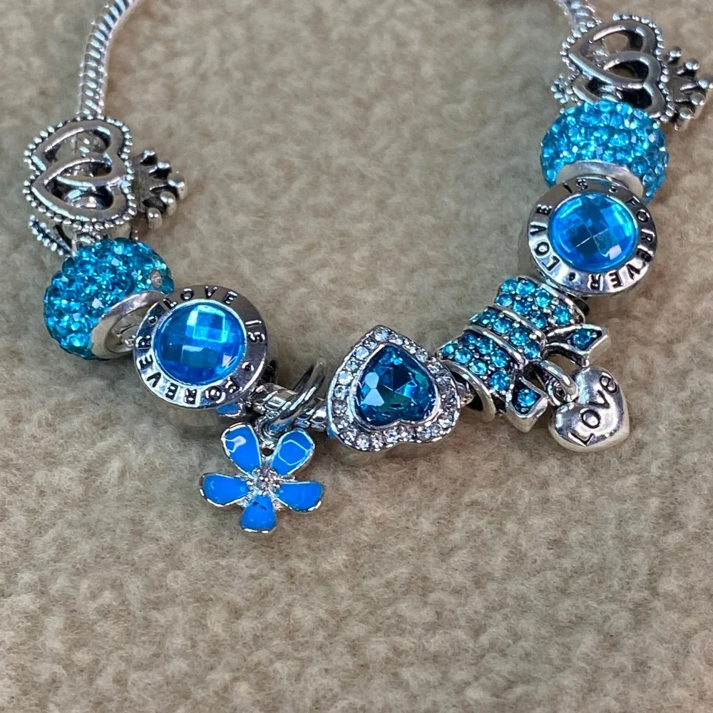 Charm Bracelet Women Blue Heart Flower Crystal Love Forever Snake Chain 7in EUC‎
